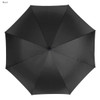 A black golf umbrella with a smooth canopy and a central hub, featuring a simple design and a logo.