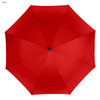 A red golf umbrella with a smooth canopy and a central opening mechanism, featuring a logo.