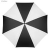 A black and white umbrella with a geometric pattern, featuring a central hub and a logo.