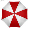 A red and white golf umbrella featuring an octagonal design and a central silver button.