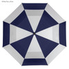 A navy blue and white umbrella with a geometric design and a central button, featuring a logo.