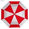 A red and white golf umbrella featuring an octagonal design and a central black mechanism. It has a logo on the handle.