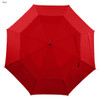 A red umbrella with a large canopy, featuring eight panels and a central handle. It has a simple design and a logo.