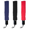 A collection of three closed umbrellas in navy, black, and red, featuring a logo on the handle.