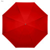 A red inverted umbrella with eight panels and a central silver button. It features a logo on its handle.