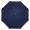 A navy blue inverted umbrella with an octagonal shape and a central button. It features a branding logo.