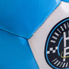 A mini soccer ball in blue and white featuring a round logo.