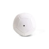 A mini soccer ball in white with pentagon panels and a small valve hole, featuring a logo.