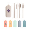 A travel utensils set featuring a case and four utensils: a fork, knife, spoon, and chopsticks in assorted pastel colours.