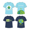 A light blue unisex T-shirt with eco-themed designs on the front and back, featuring a dark blue T-shirt with similar graphics.