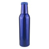 A drink bottle in a shiny blue finish with a blue cap and a sleek, cylindrical shape. Features a logo.