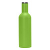A drink bottle in vibrant green with a stainless steel lid and a smooth matte finish, featuring a logo.