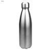 A stainless steel drink bottle with a shiny silver finish and a rounded cap, featuring a logo.