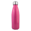 A drink bottle in shiny pink stainless steel with a silver cap and a sleek design. Features a logo.