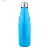 A drink bottle in light blue, made of shiny stainless steel with a silver lid and a logo on the side.
