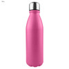 A drink bottle in vibrant pink with a shiny silver lid, featuring a logo. Single wall design for easy handling.