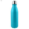 A drink bottle in teal with a shiny aluminium finish and a metallic cap. It features a logo.