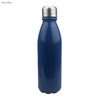 A drink bottle in navy blue with a shiny aluminium finish and a stainless steel lid, featuring a branding logo.