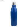 A drink bottle in royal blue with a shiny aluminium finish and a silver cap, featuring a logo.