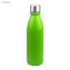 A drink bottle in lime green with a shiny aluminium finish and a silver cap, featuring a logo.