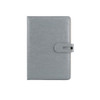 A grey PU notebook with a clasp closure, featuring a smooth textured surface and a logo on the cover.