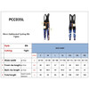 Men's cycling bib tights in blue with orange accents and a logo, featuring a detailed size chart.