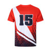 A red and navy polyester football jersey featuring a bold number 15 and a patterned design. It includes a logo.