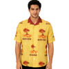 A men's yellow Cuban collar shirt with a palm tree and beach graphic pattern, featuring a red collar and branding.