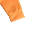 An orange sweatshirt sleeve featuring a smooth polyester spandex fabric with a folded cuff.