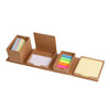 A folding cube sticky note memo holder featuring various coloured sticky notes and a cardboard design.