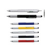 A collection of multi-function metal pens in silver, black, blue, yellow, and red, featuring various writing tools and a logo.