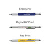 A multi-function pen collection featuring blue, silver, and yellow pens, each with different printing techniques, and a logo.