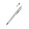 A silver multi-function pen with a measuring ruler, stylus tip, and detachable cap, featuring a textured grip.