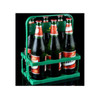 A foldable green beer basket holding several bottles of beer with a handle on top.