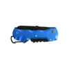 A blue multifunction pocket knife with a black handle and a carabiner clip, featuring various tools and a sleek design.