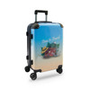 A wheeled suitcase in blue and black, featuring a travel-themed design with various travel elements and a logo.