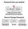 A password lock mechanism with step-by-step instructions on setting and changing the code. The device is illustrated with buttons and arrows.