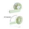 A light green foldable USB handy fan with an adjustable head and a strap for easy carrying, featuring a logo.