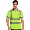 A hi-vis reflective polo shirt in bright lime green with grey accents and a logo on the chest.