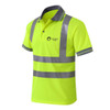 A hi-vis reflective short-sleeve polo shirt in bright yellow with grey reflective stripes and a logo.