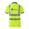 A bright yellow unisex polyester polo shirt with reflective strips and a logo on the back.