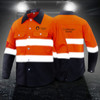 A unisex long-sleeve shirt in bright orange and black with reflective stripes and a logo.