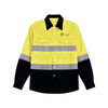 A long-sleeve, unisex cotton hi-vis shirt in yellow and black with reflective strips and a logo on the chest.
