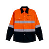 A unisex long-sleeve shirt in orange and black, featuring reflective stripes and a logo.