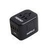 A black universal travel adapter featuring multiple USB-C ports and a power socket, with a logo on the side.