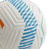 A premium soccer ball in white with blue and orange accents, featuring a textured surface and logo.