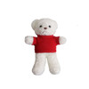 A white plush bear toy wearing a red shirt, featuring a friendly face and simplistic design.