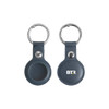 A PU leather AirTag holder in navy blue with a keyring attachment, featuring a logo.
