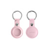 A pink PU leather AirTag holder with a keyring, featuring a smooth finish and a metal snap button.