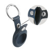 A navy blue PU leather AirTag holder featuring a keyring and a snap button closure. It has a metallic logo detail.